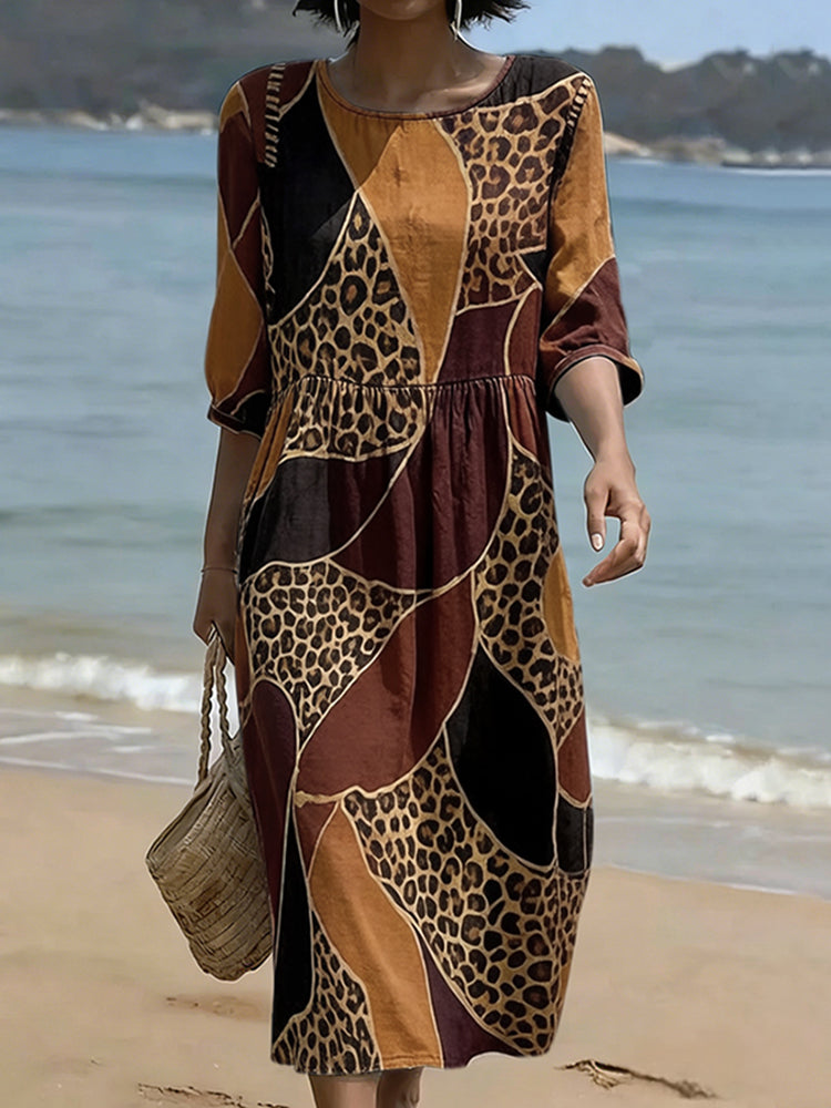 Retro Leopard And Animal Patchwork Art Linen Blend Loose Three-quarter Sleeve Dress