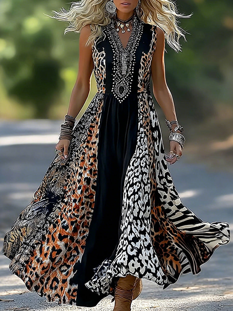 Retro Leopard And Animal Patchwork Art Loose Sleeveless Maxi Dress