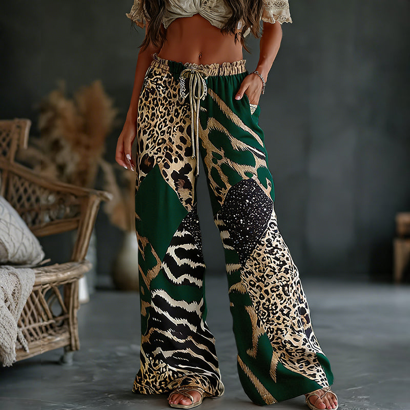 Women's Leopard And Animal Patchwork Art Print Flowy Linen Blend Casual Pants