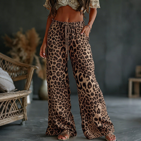 Women's Vintage Leopard Art Print Flowy Linen Blend Casual Pants