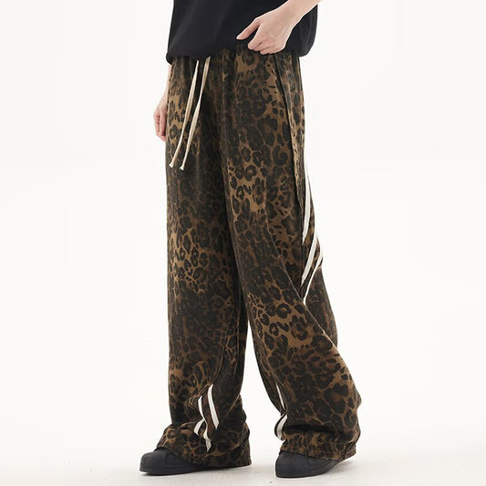 Unisex Striped Street Retro Leopard Print Trendy Straight Casual Pants