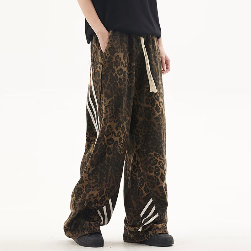 Unisex Striped Street Retro Leopard Print Trendy Straight Casual Pants