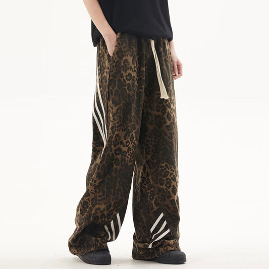 Unisex Striped Street Retro Leopard Print Trendy Straight Casual Pants