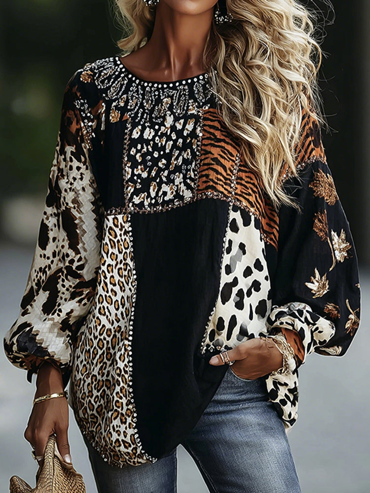 Vintage Leopard And Animal Patchwork Art Pattern Linen Blend Loose Round Neck Tops