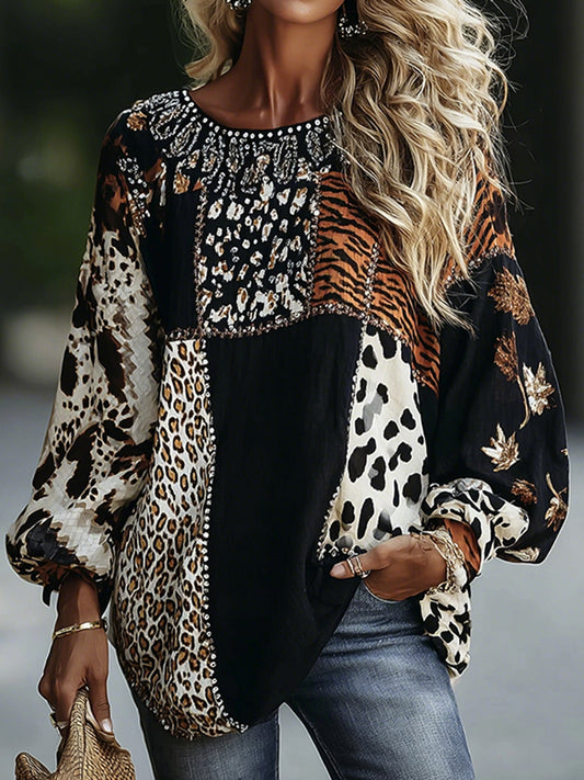 Vintage Leopard And Animal Patchwork Art Pattern Linen Blend Loose Round Neck Tops
