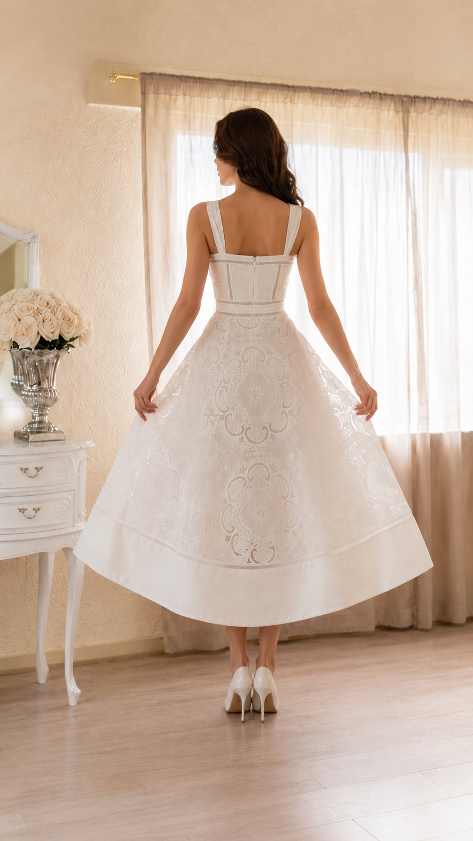 Elegant Ivory Embroidered Midi Dress