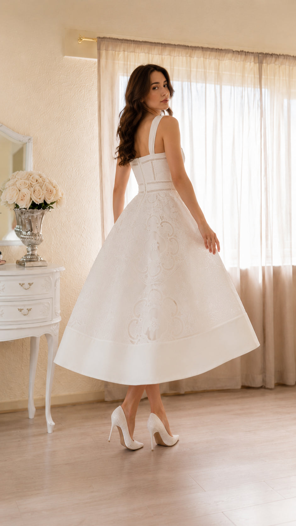 Elegant Ivory Embroidered Midi Dress