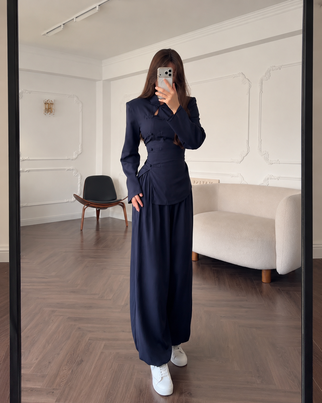 High Neck Frog Button Two Piece Wide Leg Pants Set