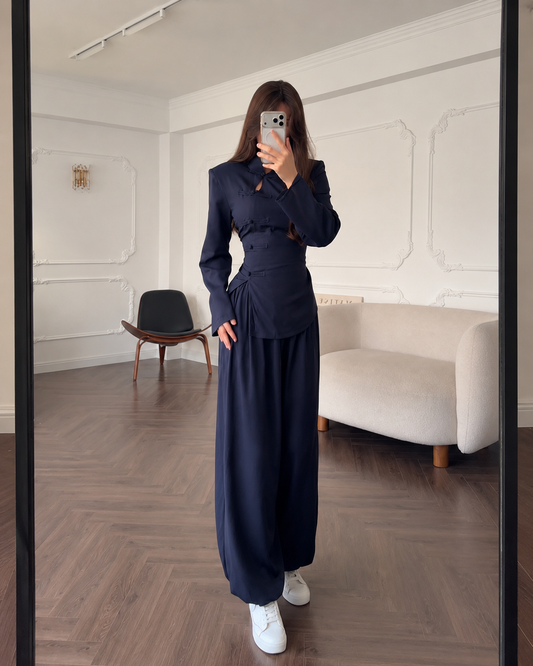 High Neck Frog Button Two Piece Wide Leg Pants Set
