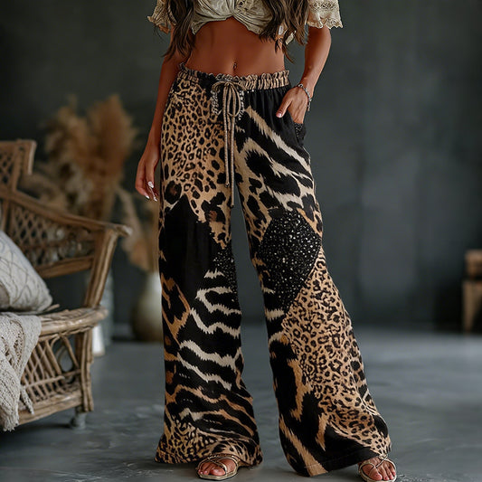Women's  Leopard And Animal Patchwork Art Print Flowy Linen Blend Casual Pants