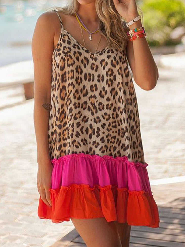 Loose Leopard Colorblock Mini Dress