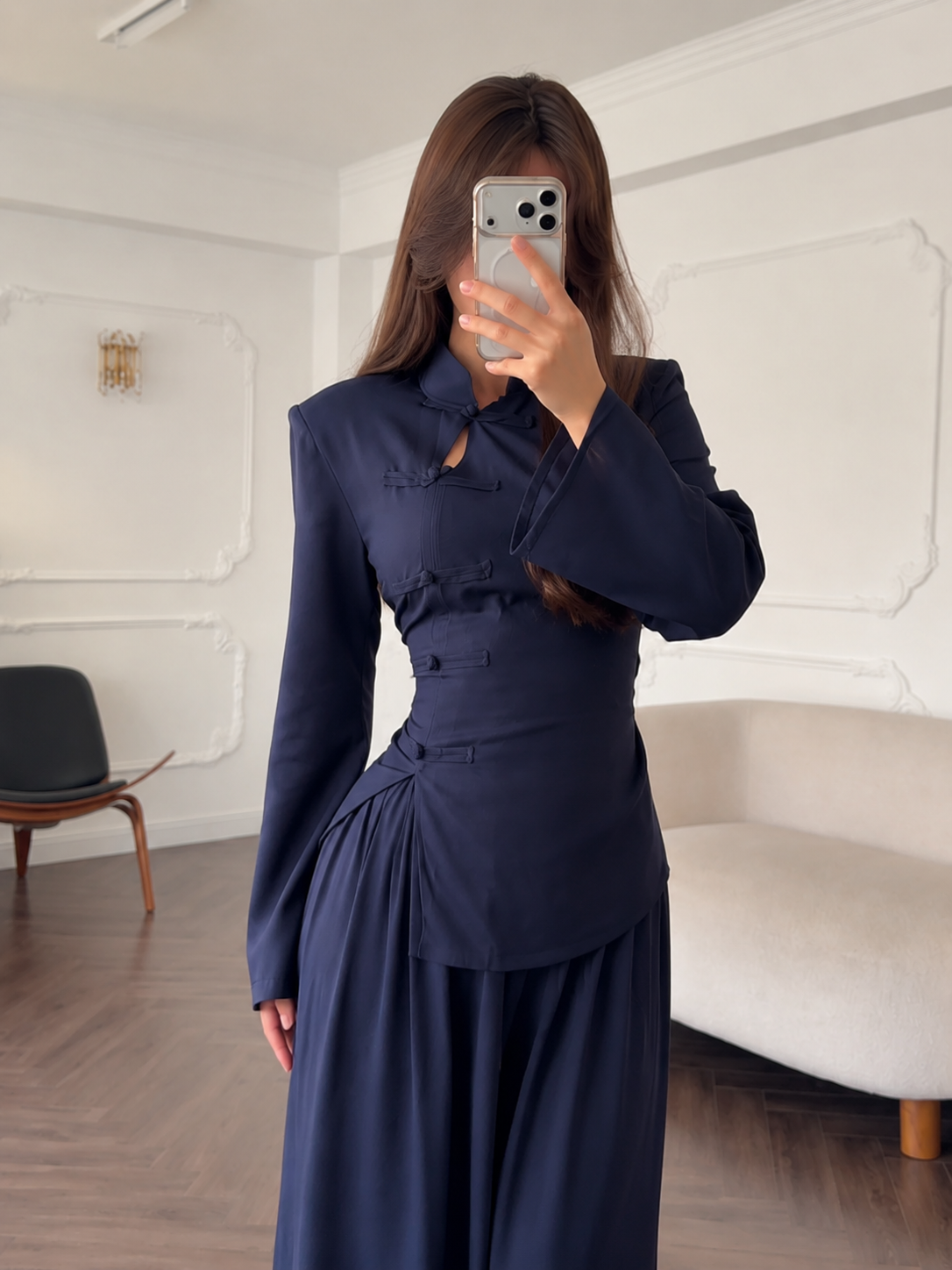 High Neck Frog Button Two Piece Wide Leg Pants Set