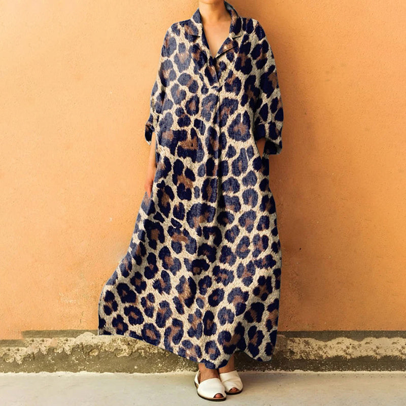 Leopard Print Lapel Loose Maxi Dress