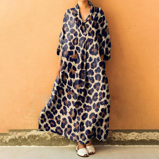 Leopard Print Lapel Loose Maxi Dress
