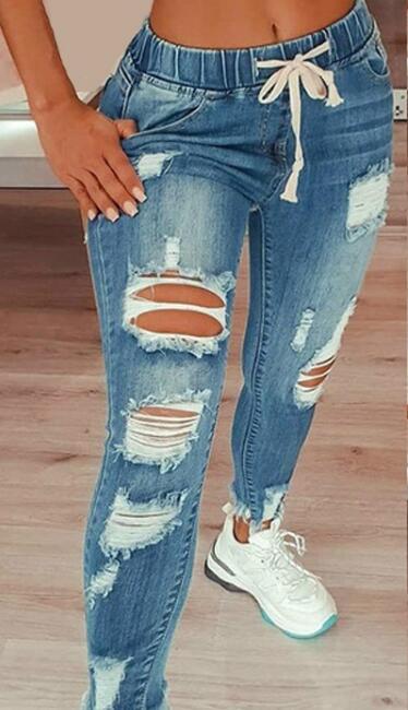 Drawstring Distressed Relaxed-Fit Street Denim Pants