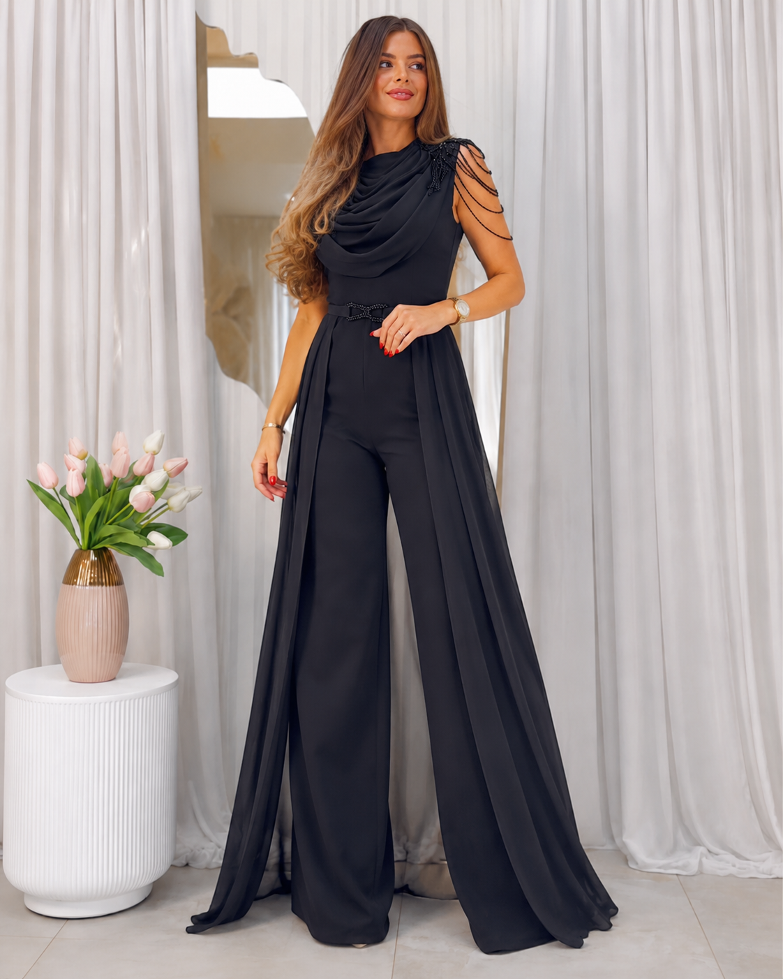 Elegant Black Draped Wide-Leg Jumpsuit