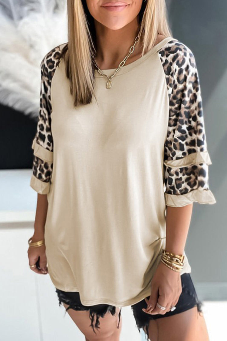 Casual Leopard Print Ruffle Short Sleeve T-Shirt