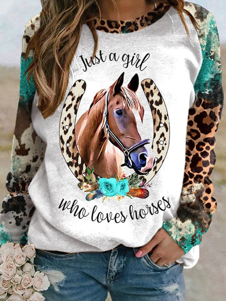 Geometric Horse Leopard Print Long Sleeve Sweatshirt