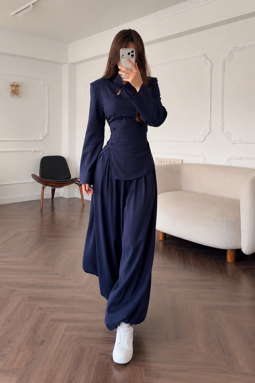 High Neck Frog Button Two Piece Wide Leg Pants Set