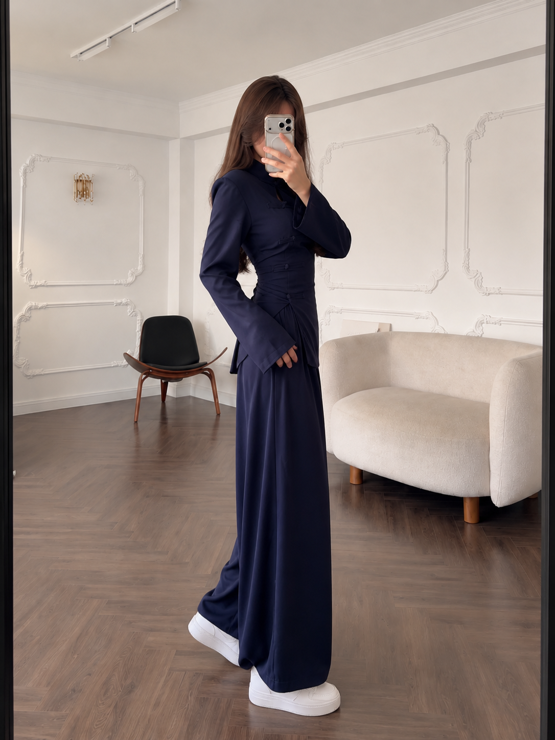 High Neck Frog Button Two Piece Wide Leg Pants Set