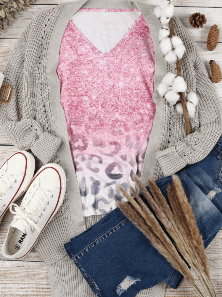 Pink Sequin Leopard V Neck Short Sleeve T Shirt