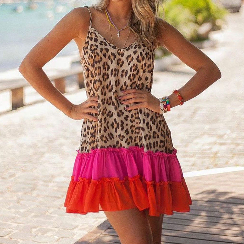 Loose Leopard Colorblock Mini Dress
