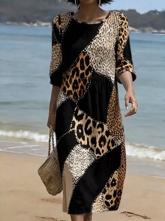 Vintage Leopard And Animal Patchwork Art Pattern Linen Blend Loose Three-quarter Sleeve Dress
