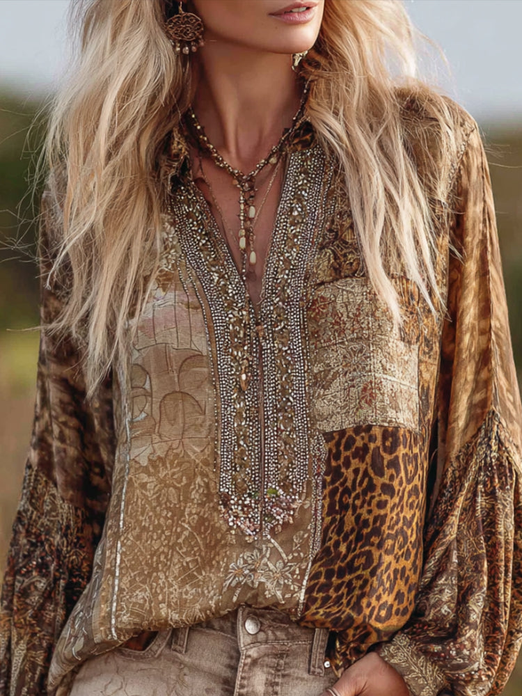 Women's Vintage Wild Leopard Print Art Patchwork Cotton Linen V-neck Long Sleeve Top