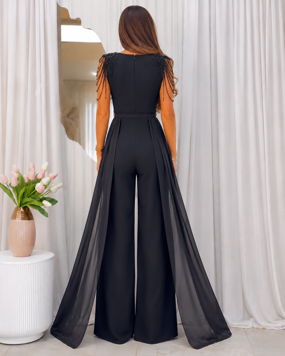 Elegant Black Draped Wide-Leg Jumpsuit