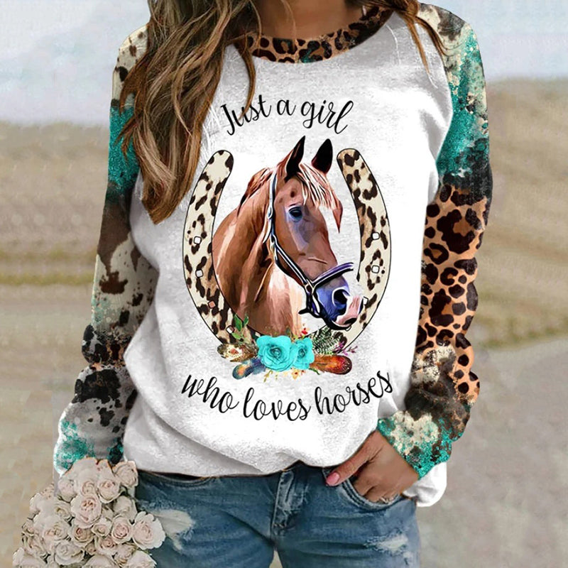 Geometric Horse Leopard Print Long Sleeve Sweatshirt