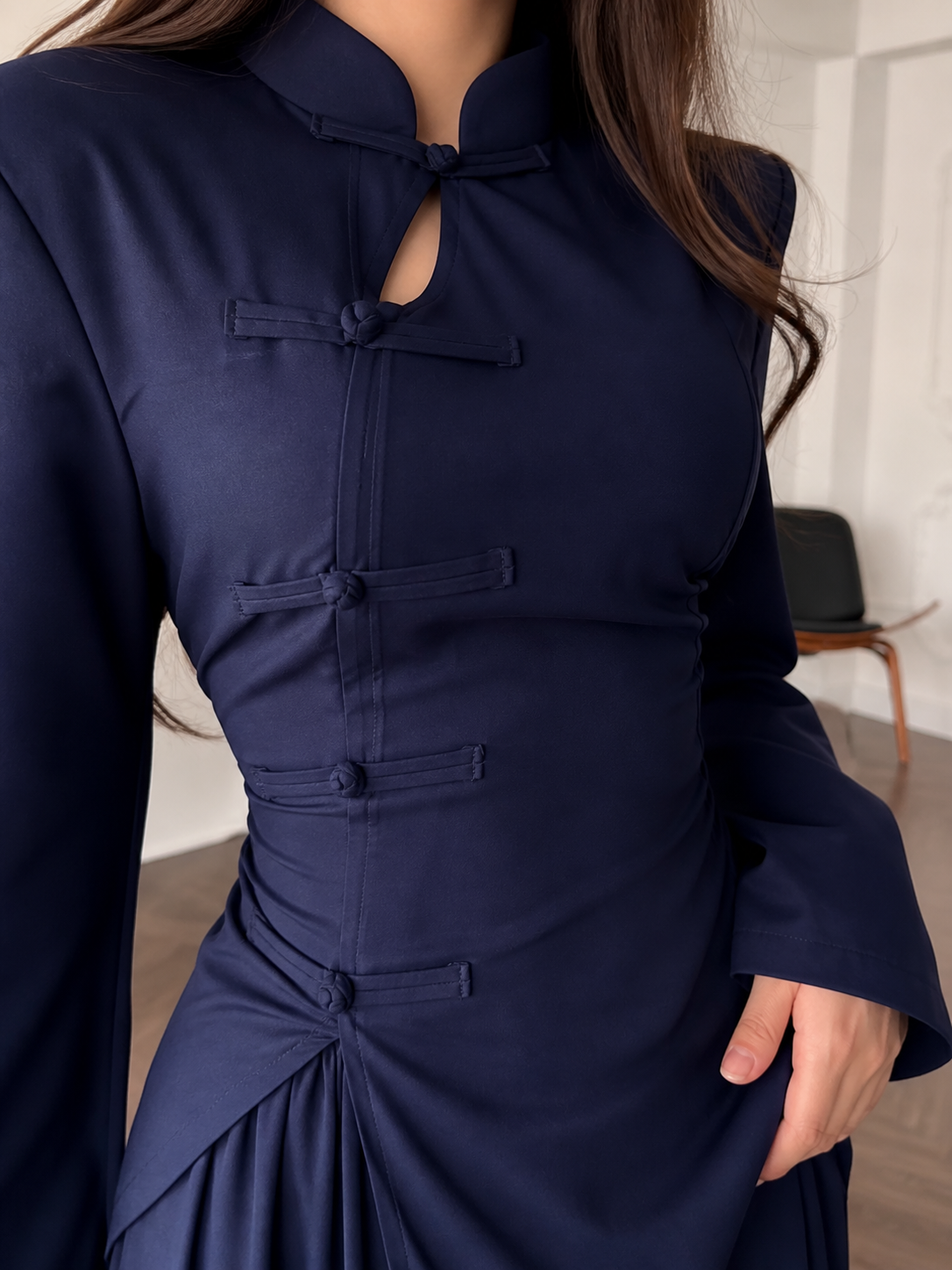 High Neck Frog Button Two Piece Wide Leg Pants Set