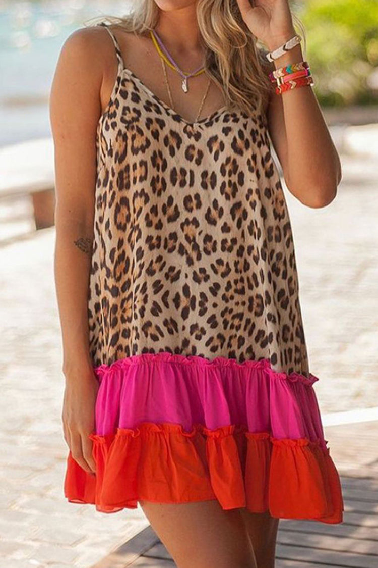 Loose Leopard Colorblock Mini Dress