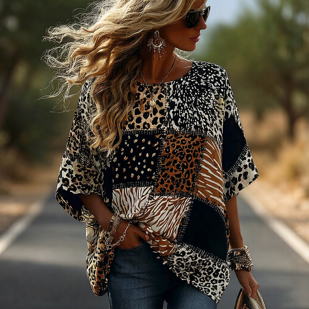 Vintage Leopard And Animal Patchwork Art Pattern Linen Blend Loose Short Sleeve Tops