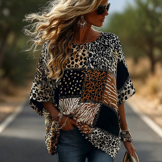Vintage Leopard And Animal Patchwork Art Pattern Linen Blend Loose Short Sleeve Tops
