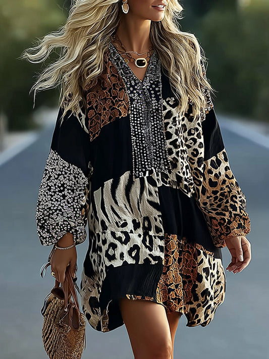 Retro Leopard And Animal Patchwork Art Linen Blend Loose Mini Dress