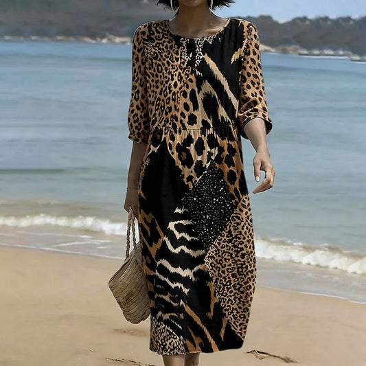 Vintage Leopard And Animal Patchwork Art Linen Blend Loose Three-quarter Sleeve Dress