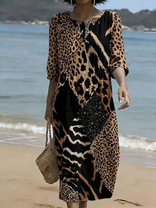 Vintage Leopard And Animal Patchwork Art Linen Blend Loose Three-quarter Sleeve Dress