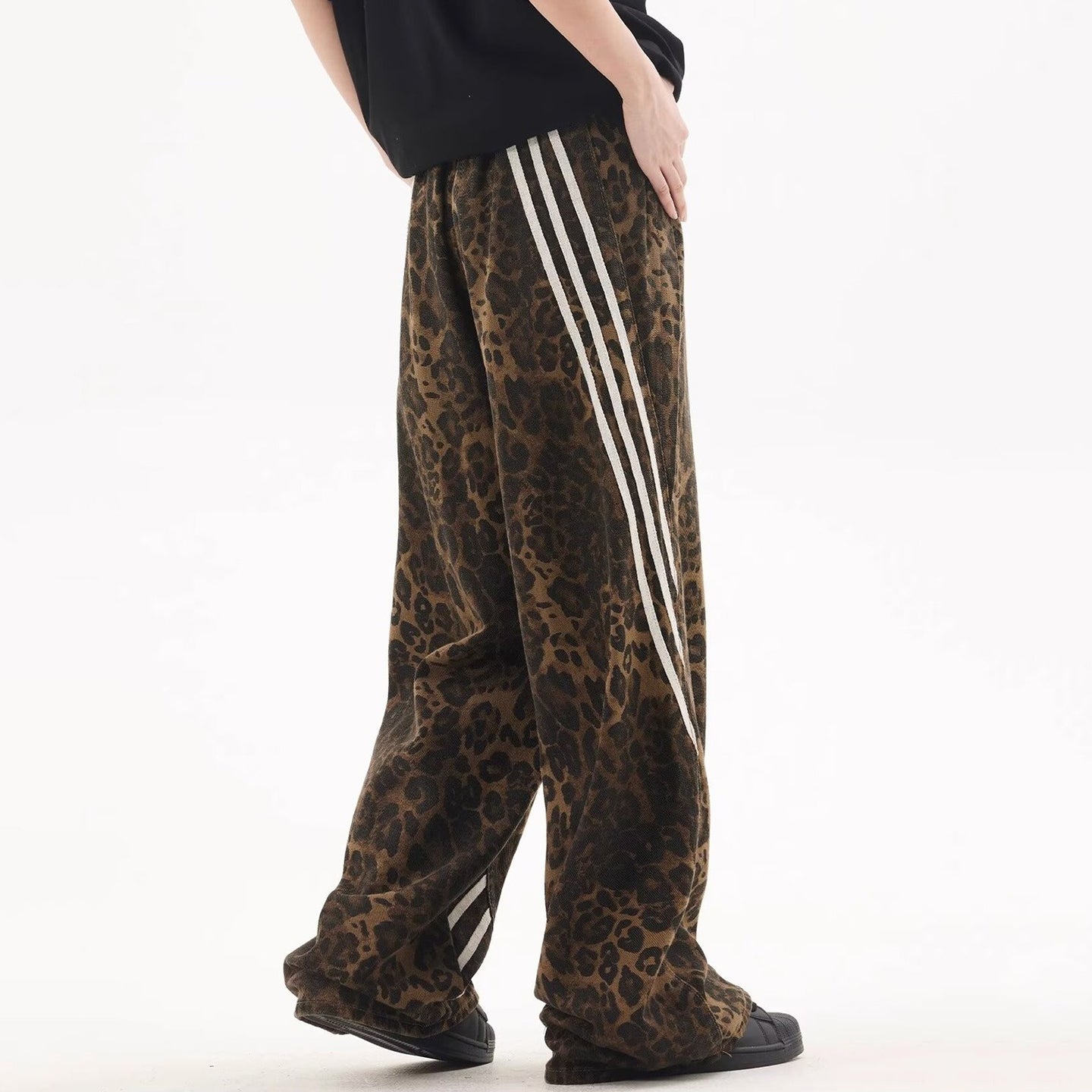 Unisex Striped Street Retro Leopard Print Trendy Straight Casual Pants