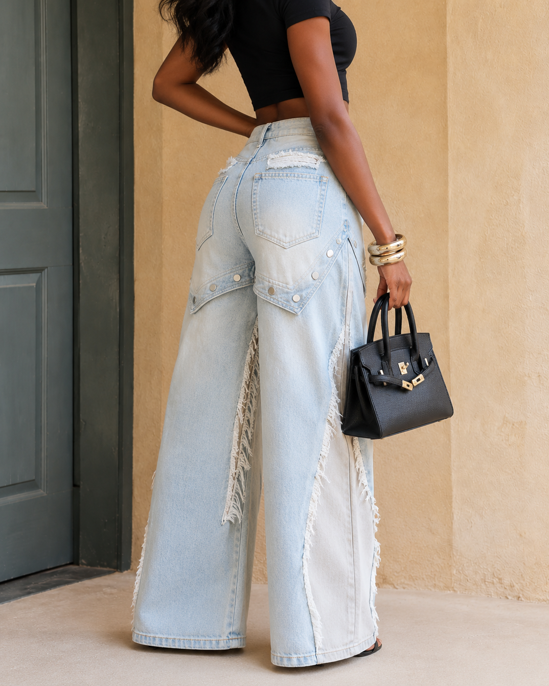 Light Wash Distressed Wide-Leg Jeans with Studded Pocket Detail