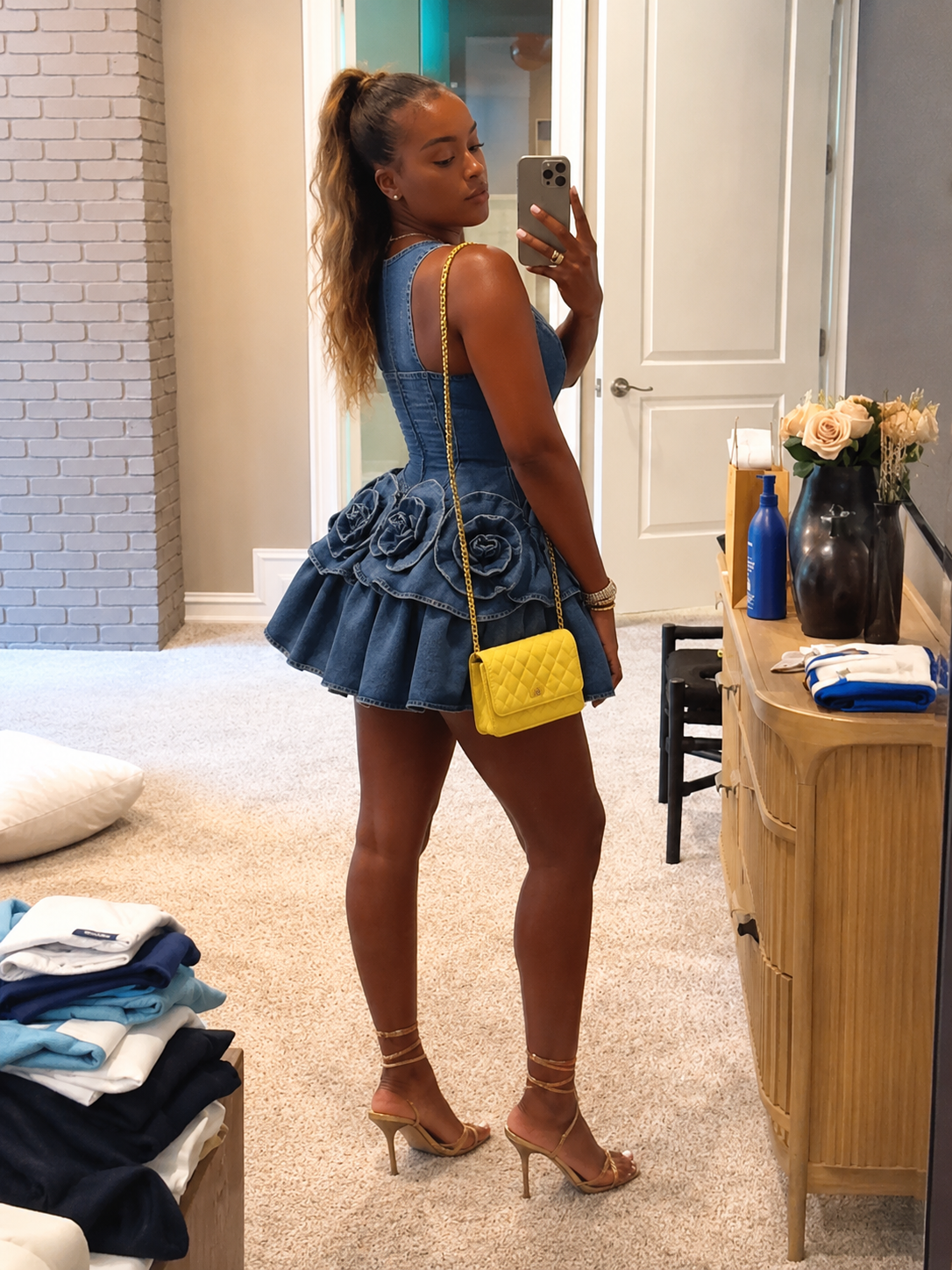 Denim Corset Mini Dress with 3D Floral Ruffle Skirt