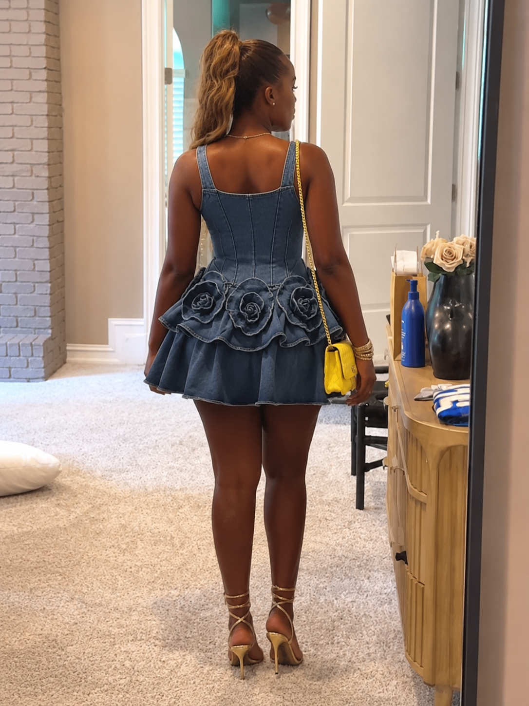 Denim Corset Mini Dress with 3D Floral Ruffle Skirt