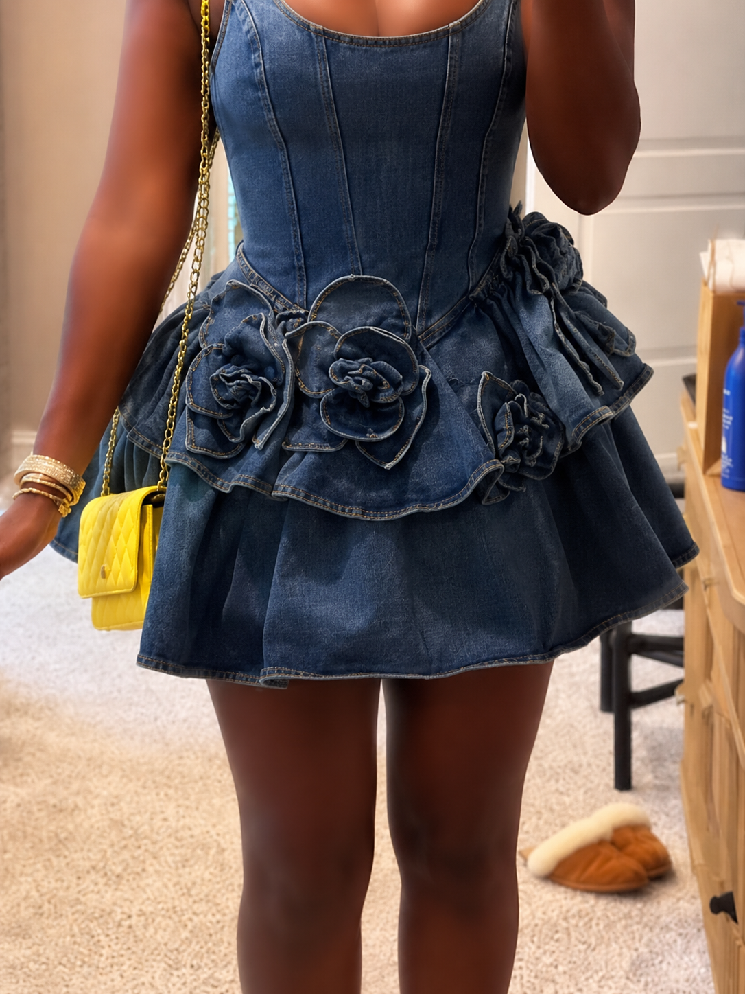 Denim Corset Mini Dress with 3D Floral Ruffle Skirt