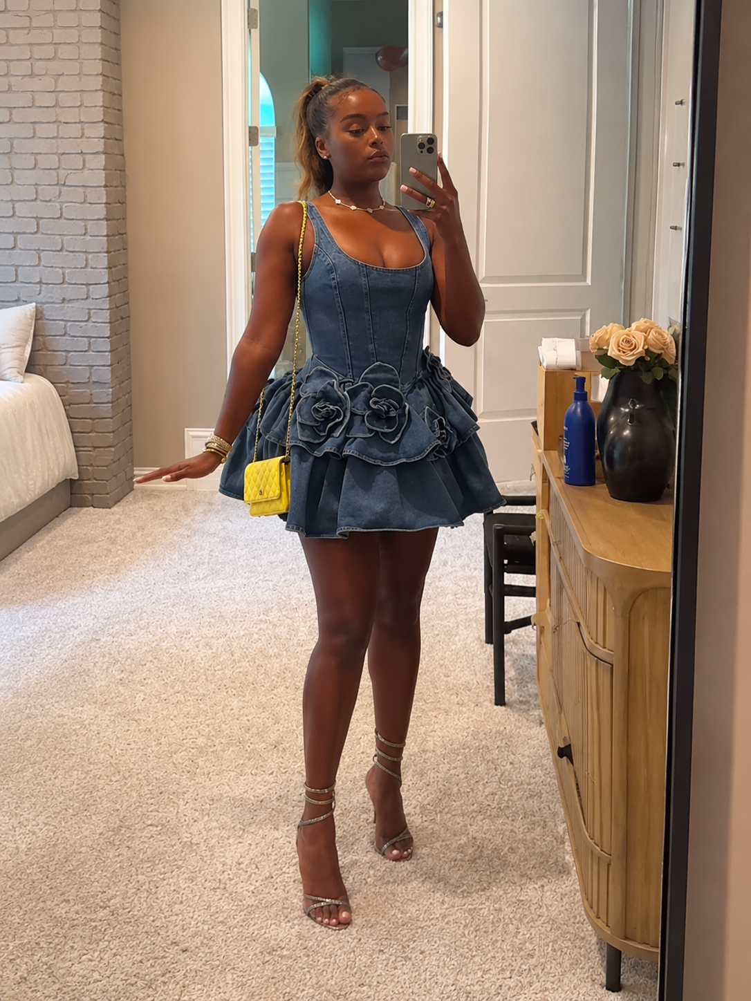 Denim Corset Mini Dress with 3D Floral Ruffle Skirt