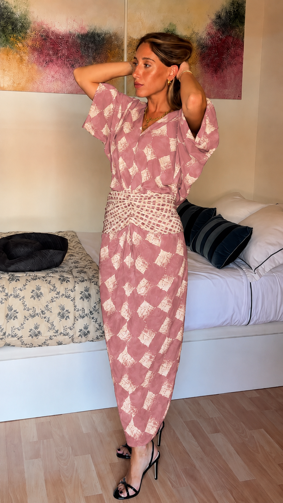 Crochet Waist Printed Kimono Maxi Dress