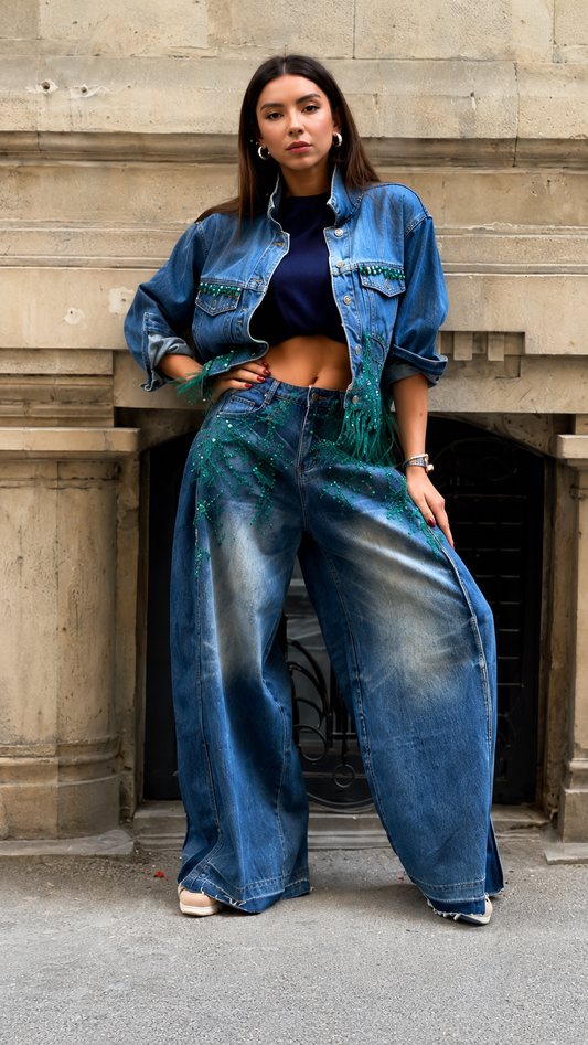 Embellished Denim Jacket & Wide-Leg Jeans Set