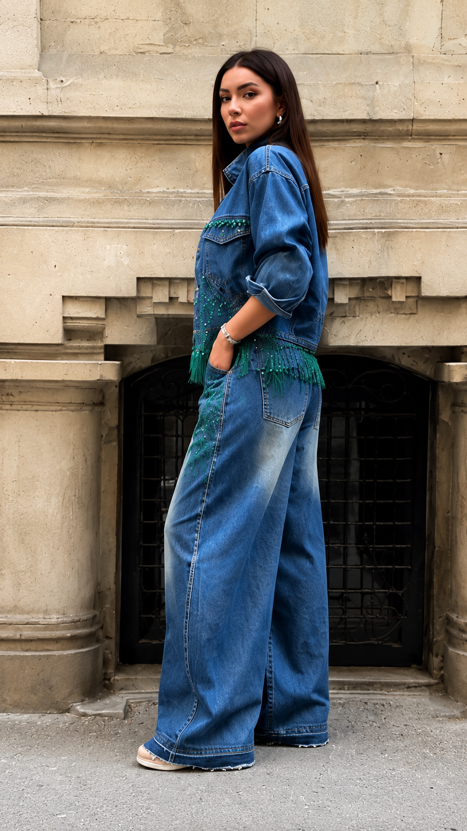 Embellished Denim Jacket & Wide-Leg Jeans Set
