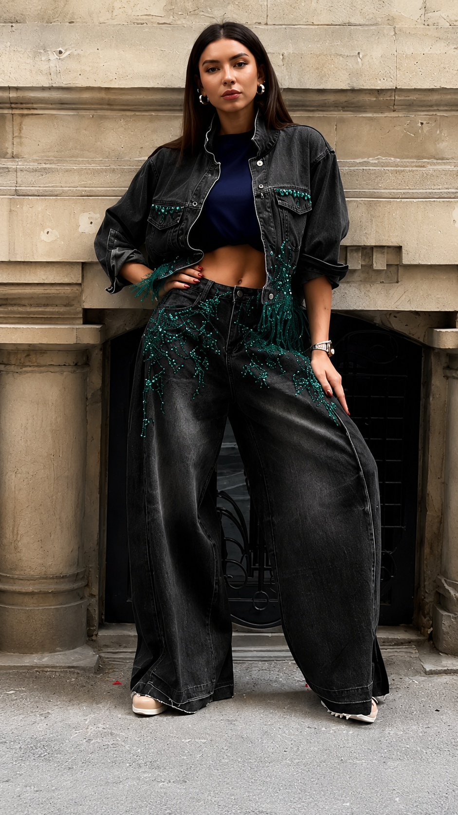 Embellished Denim Jacket & Wide-Leg Jeans Set