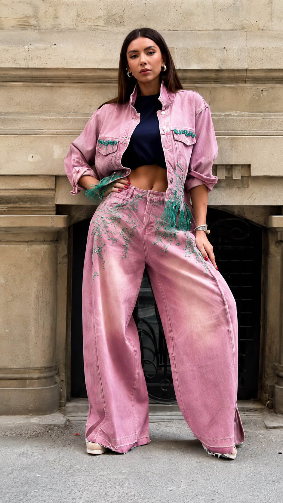 Embellished Denim Jacket & Wide-Leg Jeans Set