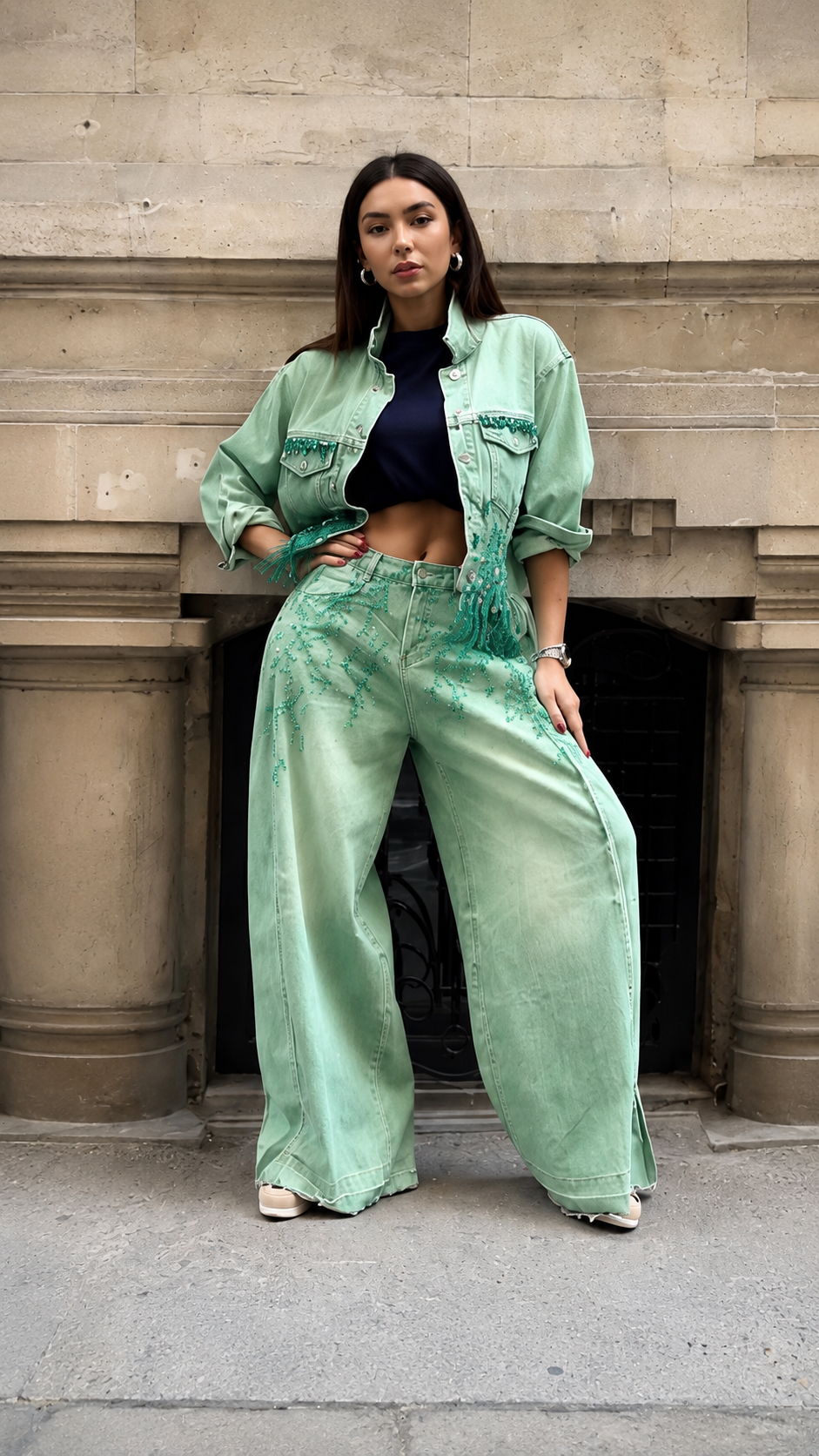 Embellished Denim Jacket & Wide-Leg Jeans Set