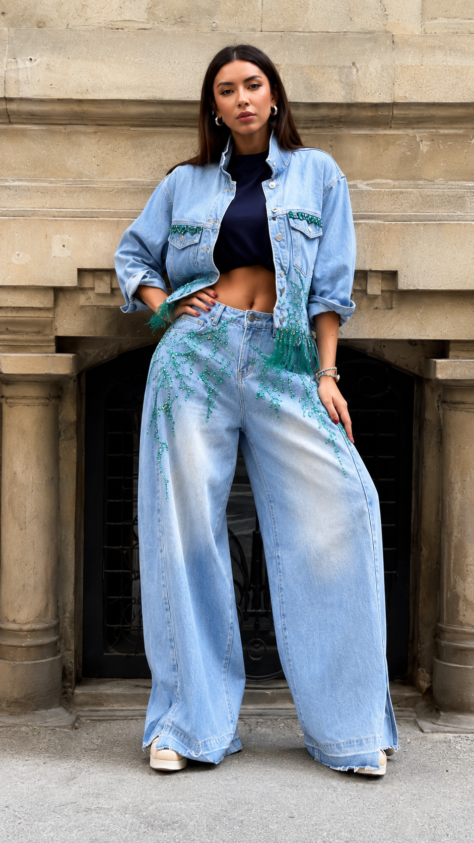 Embellished Denim Jacket & Wide-Leg Jeans Set